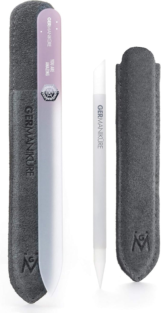GERMANIKURE 2 Pc Glass Bundle - Crystal Glass Cuticle Stick & You are Amazing Nail File in Suede Sleeves – Handmade in Czech Republic – Professional Manicure Supplies – Cuticle Pusher, Callous Remover