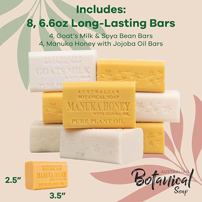 Australian Botanical Goats Milk Soap and Manuka Honey 6.6 OZ, Triple Milled Bars made with a Natural Soap Base and Enriched with Organic Shea Butter, Pack of 8