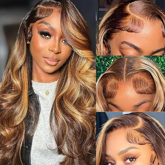 13x6 Highlight Ombre Lace Frontal Wigs Human Hair 4/27 Honey Blonde 180% Density Body Wave Wig for Women HD Transparent Lace Front Wig with Highlights Colored Glueless Wigs Human Hair 24 Inch