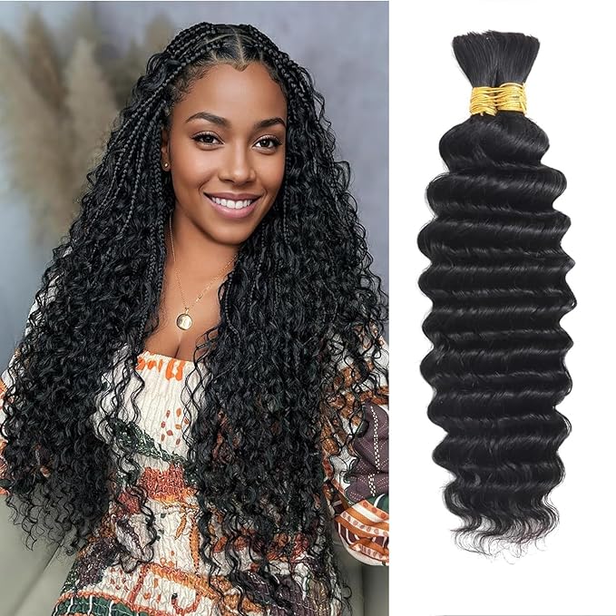 Human Braiding Hair for Boho Braids Deep Wave Bulk Human Hair for Braiding 12A No Weft Curly Human Hair Extensions Wet and Wavy Boho Hair 2 Bundles/Pack Natural Color (20 Inch)