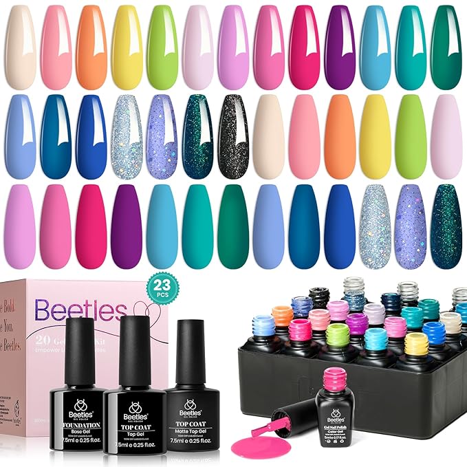 Beetles Gel Nail Polish Set- 23Pcs Summer Color Gel Polish with Base Gel Top Coat Bright Colors, Gel Polish Kit Blue Pink Purple Orange Green Glitter Soak Off Uv Led Trendy Rainbow Nail Art