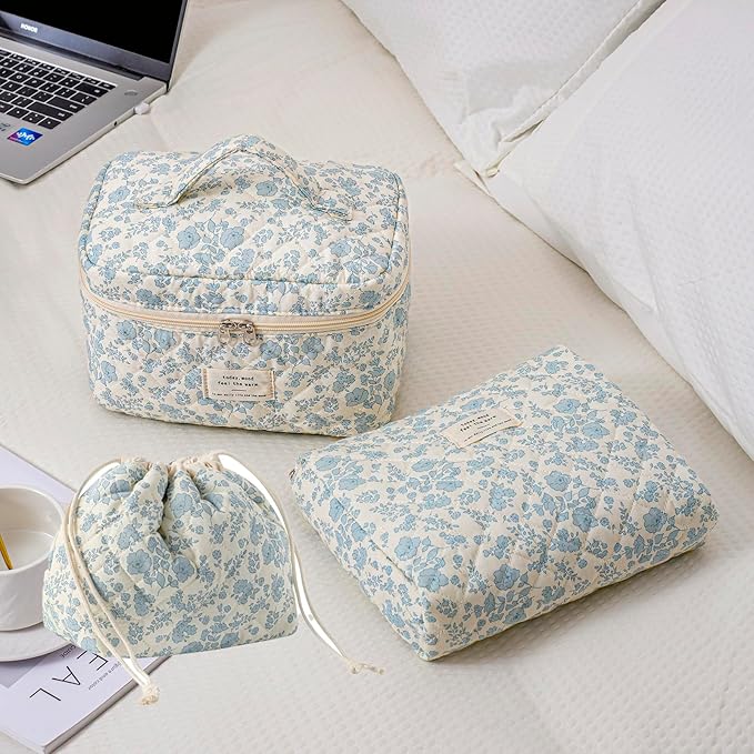 3pcs Large Cotton Quilted Makeup Bag Set,Coquette Aesthetic Cute Travel Toiletry Bag,Drawstring Gift Bag for Women and Girls(3Pcs Light Blue)