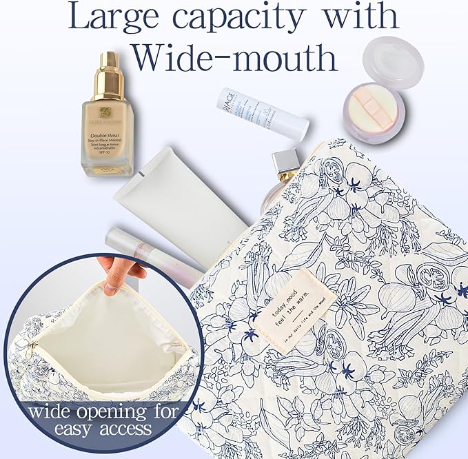 Makeup Bag, 3 PCS Quilted Makeup Bag, Cute Floral Cotton Cosmetic Bag set, Coquette Makeup Pouch Large Travel Toiletry Bag