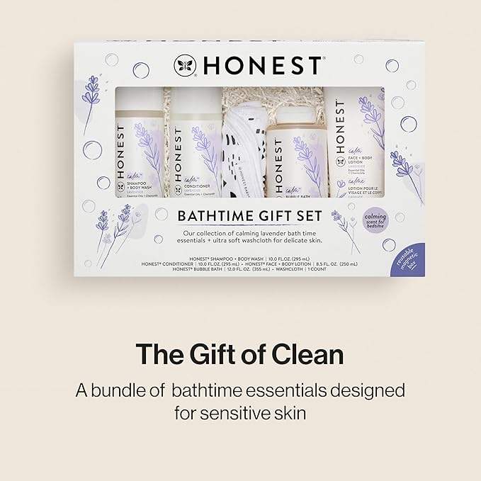 The Honest Company Calming Lavender Bathtime Gift Set | Hypoallergenic Bath Essentials for Sensitive Skin | Shampoo + Body Wash, Face + Body Lotion, Bubble Bath, Conditioner, Wash Cloth