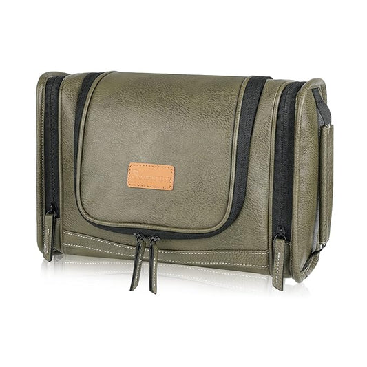 MIRASON Hanging Toiletry Bag for Men PVC Leather Dopp Kit Waterproof Travel Organizer Bag with Sturdy Metal Hook and Handle for Bathroom Shower Cosmetics Camping Brushes Shaving (Green)