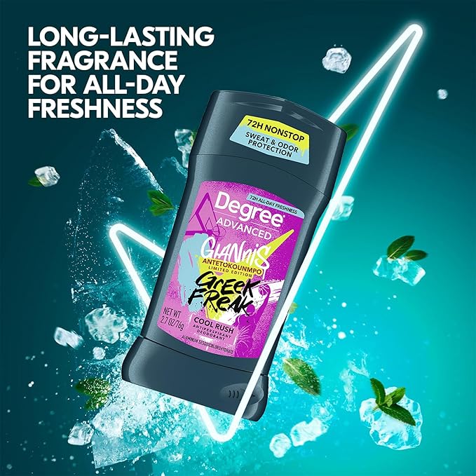 Degree Men’s Antiperspirant Deodorant, Cool Rush, 5-Pack – Giannis Antetokounmpo “Greek Freak” Limited Edition, 72H Sweat & Odor Protection, 2.7 Oz Ea