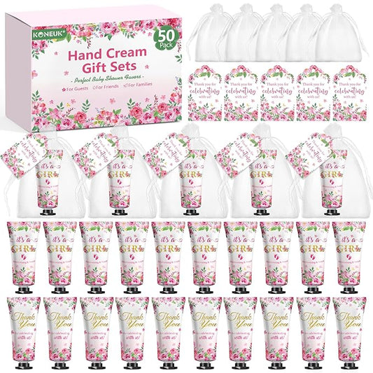 50 Pack Bulk Hand Cream Sets, Bridal Shower Favors, Appreciation Gifts and Baby Shower Favors for Guests with Thank You Card and Organza Gift Bags, Wedding Party Favors (Baby Girls)