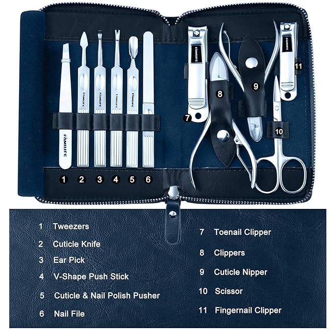 Manicure Kit, FAMILIFE Professional Manicure Set Nail Kit, 11 in 1 Stainless Steel Nail Clippers Set for Men Pedicure Kit, Men Grooming Kit with Portable Blue Leather Travel Case Luxury Gifts for Him