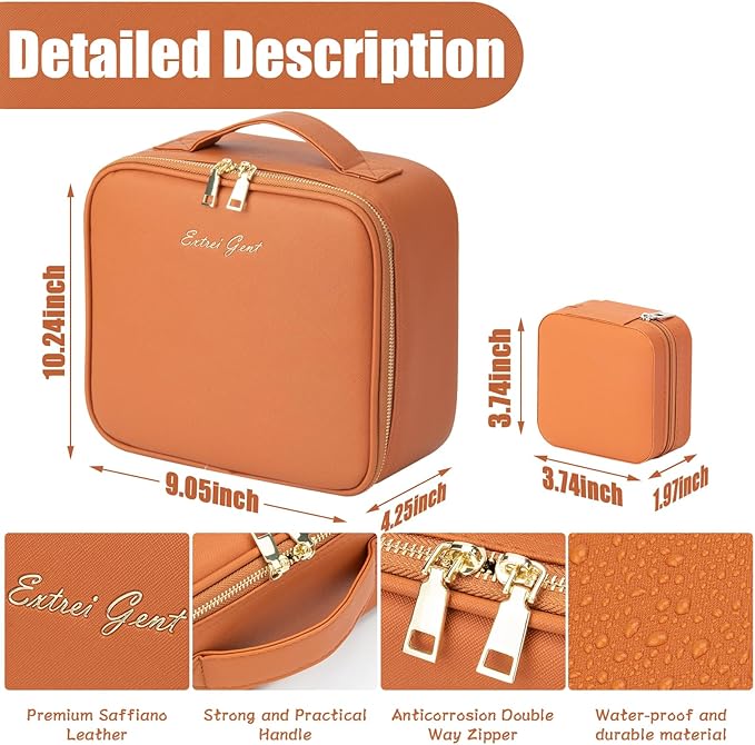 Makeup Travel Train Case with Mirror LED Light 3 Adjustable Brightness Cosmetic Bag Portable Storage Adjustable Partition Waterproof Makeup Brushes Makeup Jewelry Gift for Women (Brown)