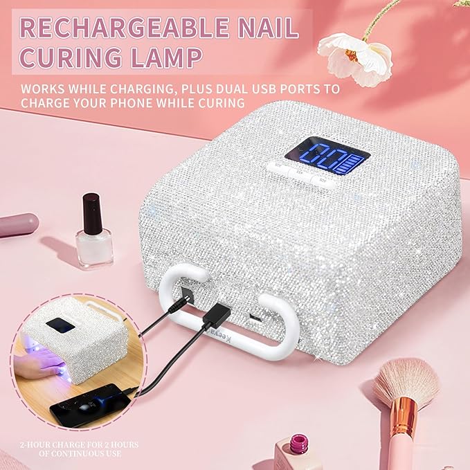 220W UV LED Nail Lamp, UV Light for Gel Nails, Wireless Rechargeable Professional Curing Lamp, with Portable Handle and Sparkly Rhinestones, LCD Display, Easy to Carry for Salon & Home