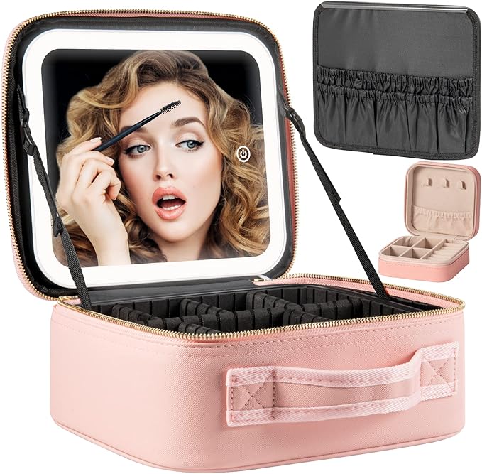 Makeup Travel Train Case with Mirror LED Light 3 Adjustable Brightness Cosmetic Bag Portable Storage Adjustable Partition Waterproof Makeup Brushes Makeup Jewelry Gift for Women