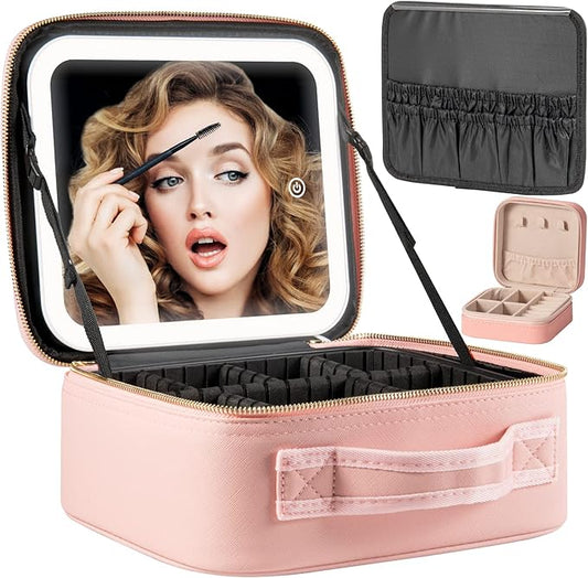 Makeup Travel Train Case with Mirror LED Light 3 Adjustable Brightness Cosmetic Bag Portable Storage Adjustable Partition Waterproof Makeup Brushes Makeup Jewelry Gift for Women