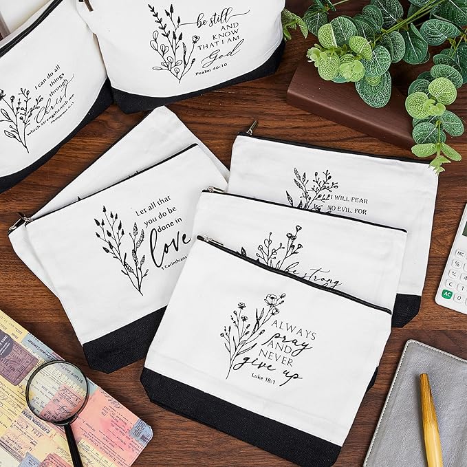 20 Pcs Christian Gifts for Women Religious Makeup Bags Cosmetic Inspirational Bible Verse Pencil Pouch with Zipper Mothers Day Thank You Church Gift Mom Travel Employee(White&black,Aesthetic)