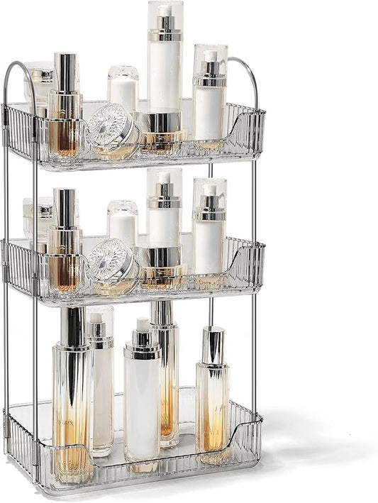 Bathroom Counter Organizer Countertop Storage Skincare Countertop Makeup Organizer Cosmetics Skincare Organizers Holder for Perfume-Grey-Silver Pole-3 Tier