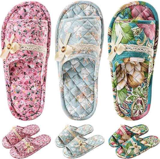 3 Pairs Floral Cotton House Slippers for Women, Open Toe Indoor Slippers Comfortable Washable Portable Foldable Guest Travel Hotel Airplane Spa Slippers