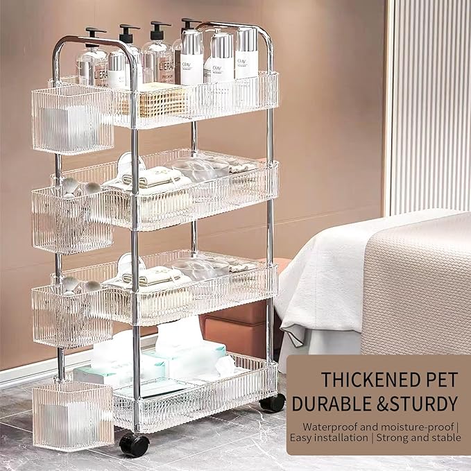 4 Tier Rolling Cart with Hanging Basket, Acrylic Storage Carts with Lockable Wheels, Utility Carts Storage Organizer Serving Cart for Office, Living Room, Kitchen, Bathroom