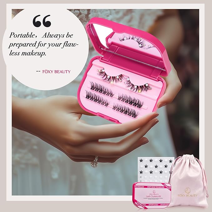 Lash Clusters Kit with Self Adhesive Pearl Stickers Natural Lash Clusters Left Right Lash Extension Kit with Bond Seal Eyelash Kit Gift Set with Drawstring Bag Portable Starter Kit Birthday Gift Women