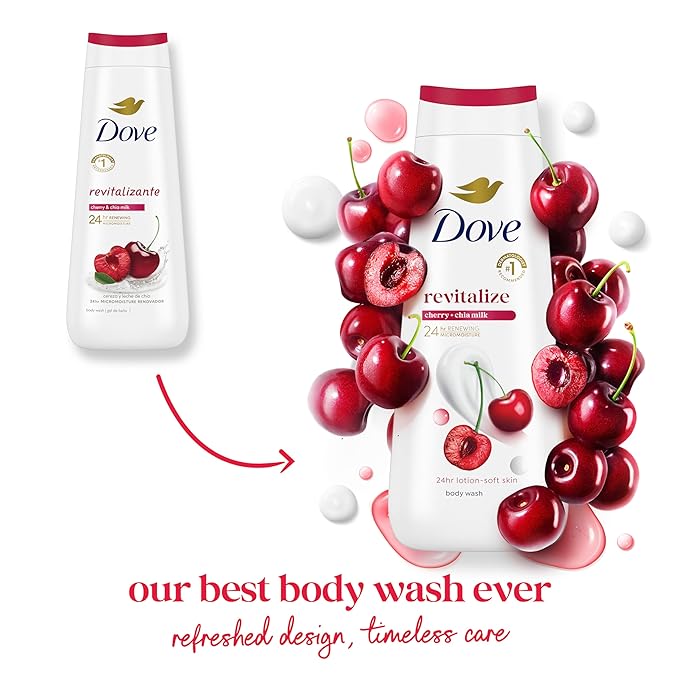Dove Body Wash Revitalize Cherry and Chia Milk For 24hr Lotion-Soft Skin Moisturizing Skin Cleanser with No Sulfates No Parabens 20 oz