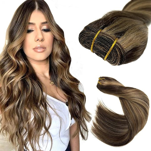 Ubetta Sew-in Human Hair Extensions - Dark Brown Balayage Ash Brown Hand Tied Weft Bundles - 14 Inch 80G