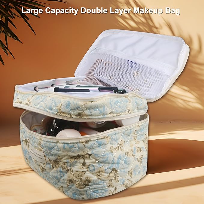 Dual Layer Cute Makeup Bag for Women(3 Pcs), Quilted Floral Coquette Aesthetic Make up Bags, Travel Cosmetic Bags Toiletry Organizer Bag(Blue Leaf)