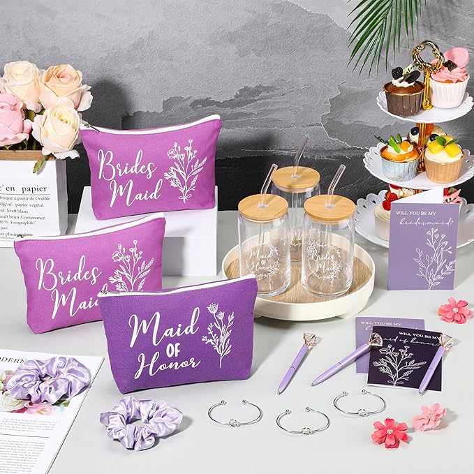 Irenare 36 Pcs Bridesmaid Proposal Gifts Bridal Shower Gifts 16 oz Glass Cup Cosmetic Makeup Bags Invited Cards Scrunchies Hair Knotted Bracelets Diamond Pens Favors for Wedding (Purple)