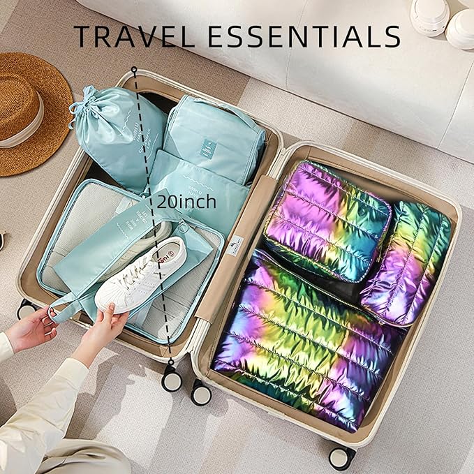 Hiroyuki 3pcs Iridescent Quilted Makeup Bag (plain, rainbow)