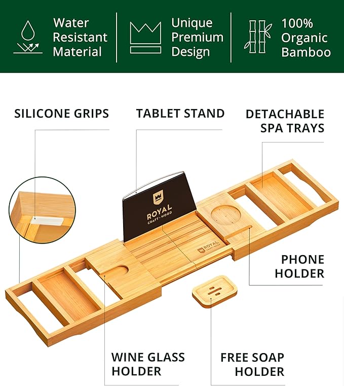 ROYAL CRAFT WOOD Premium Foldable Bathtub Tray - Wood Bath Tray for Tub, Bamboo Shelf, Expandable Bath Table Trays, Bathtub & Bathroom Accessories for New Home & Mothers Day & Birthday Gifts for Mom