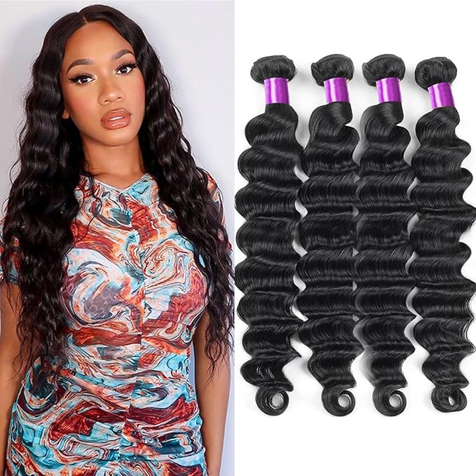 Loose Deep Wave Bundles Human Hair 4 Bundles 22 20 18 16 Inch 100% Unprocessed Brazilian Virgin Weave Hair Bundles Wavy Human Hair Extensions Natural Color for Black Women