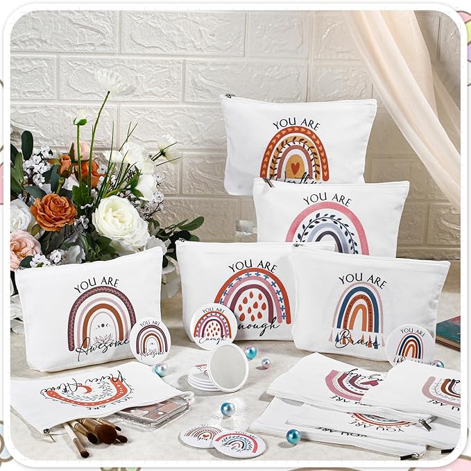 20 Pcs Employee Appreciation Gifts 10 Inspirational Canvas Makeup Bags 10 Compact Mirrors Bulk Cosmetic Bags Round Portable Pocket Mirror Thank You Gifts for Women (Rainbow)