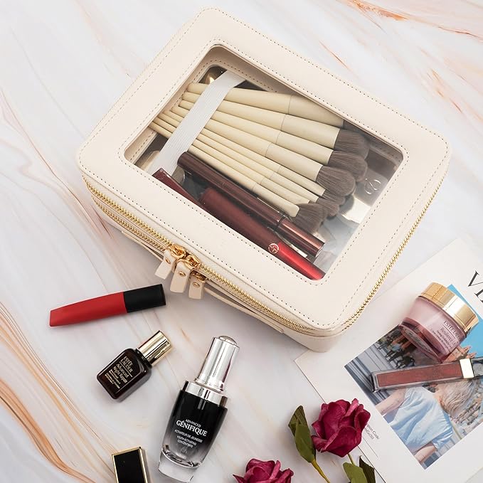 Aveniee Clear Makeup Bags, Double Layer Cosmetic Case with Separate Brush Compartment, Large Toiletry Organizer for Women, Travel Accessories Holder(2 Layers Large, White)