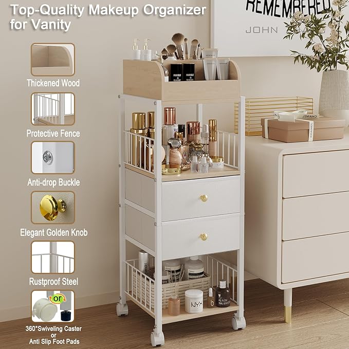 Floor Makeup Organizer Cart - Rolling Makeup Cart with Drawers, Skincare Make Up Organizers and Storage, Cosmetics Display Cases Holder for Skin Care Nail Polish Perfume Makeup Brush (White)