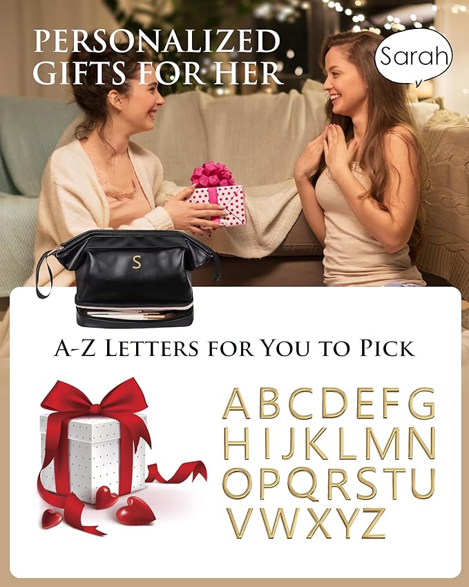 Gifts for Women-Initial Large Makeup Bag, Gift for Women Personalized Double Layer Cosmetic Bag with Makeup Brush Organizer, Teacher Gift, PU Leather Travel Toiletry Bag Graduation Gift