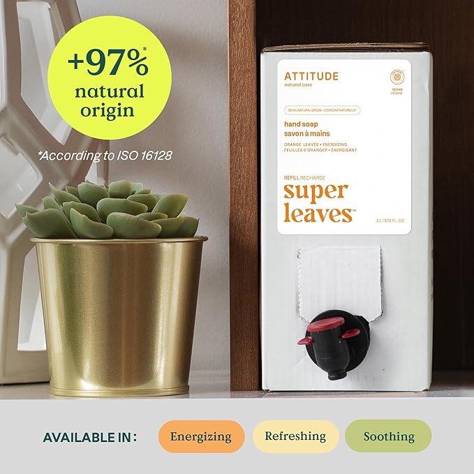 ATTITUDE Liquid Hand Soap, EWG Verified, Plant and Mineral-Based, Vegan Personal Care Products, Orange Leaves, Bulk Refill Format, 67.6 Fl Oz