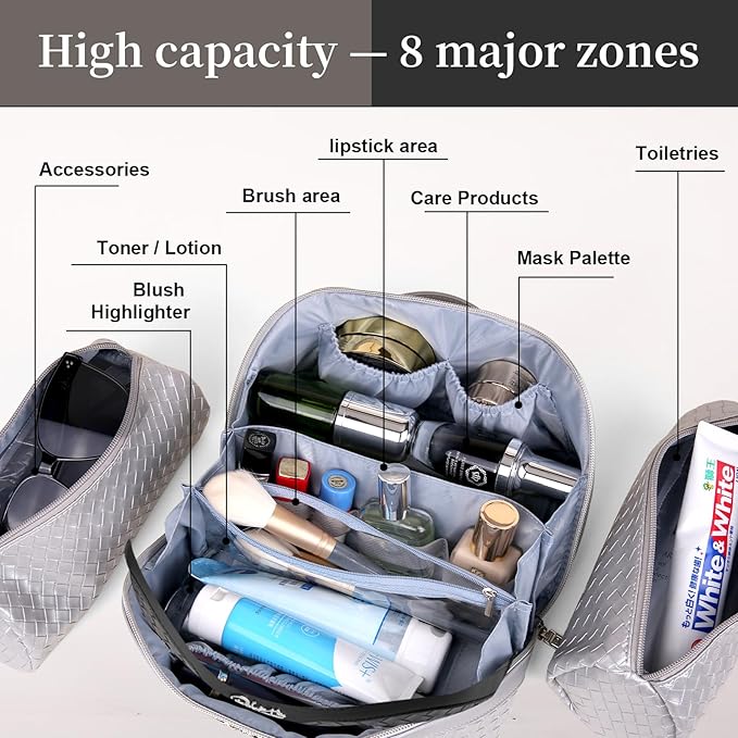 BOYATU Travel Makeup Bags for Women: Large Capacity Cosmetic Bag with Comapartments - Vegan Leather Make up Bag Set of 3 - Protable Makeup Organizer with Handle & Divider (L21 Silver)