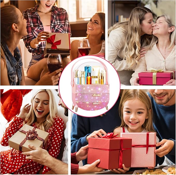 Bling Makeup Organizer for Teen Girl Gift,Hollywood Vanity Makeup Storage Box for Girl Birthday Gift,Practical Gift for Daughter,Bathroom Organizer,Skincare Organizer (Triple Pink)