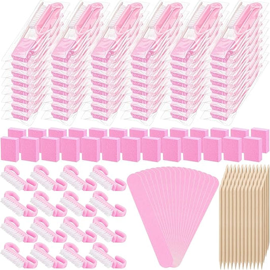 100 Sets Professional Disposable Manicure Kit Basics 4 Piece Nail Kit Wood Nail File 100/180 Grit, Mini Buffer 80/100 Grit, Wood Stick and Handle Grip Brush Gifts(Pink)