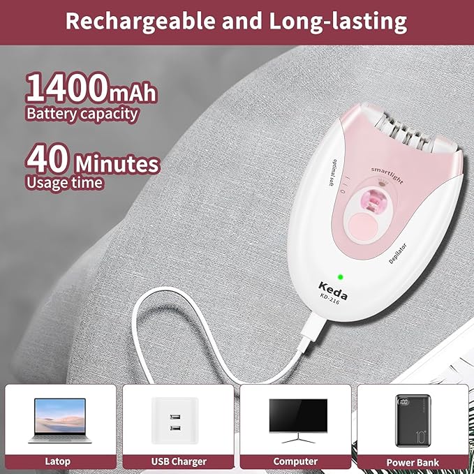 Epilator Hair Removal for Women, 2 Speeds Facial Hair Removal, Rechargeable for Face Arm Bikini Area Legs Underarm, Painless Electric Lady Shaver & Trimmer, Portable