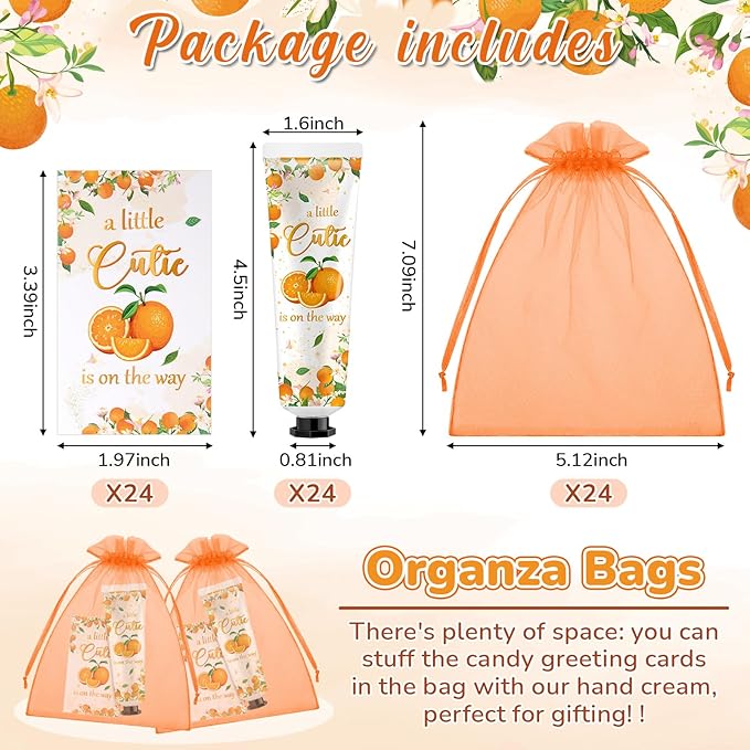 24 Sets Baby Shower Hand Cream Bulk Shower Orange Cutie Favors Bridal Thank You Appreciation Hand Cream for Guests Travel Size Lotion with Organza Bags