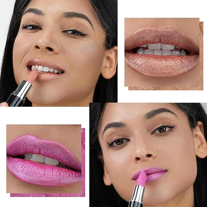 Angicolour 2pcs Glitter Lipstick - Nude & Pink, Creamy Moisturizing Formula, Metallic Finish, Vegan & Cruelty-Free, Full-Coverage Lip Color