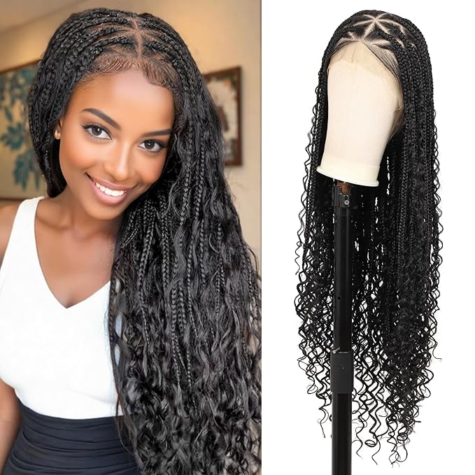 360° Hd Full Lace Boho Braided Wigs for Women Knotless Box Braid Wig with Baby Hair Natural Black Human Hair Blended Braided Lace Front Wigs 36"