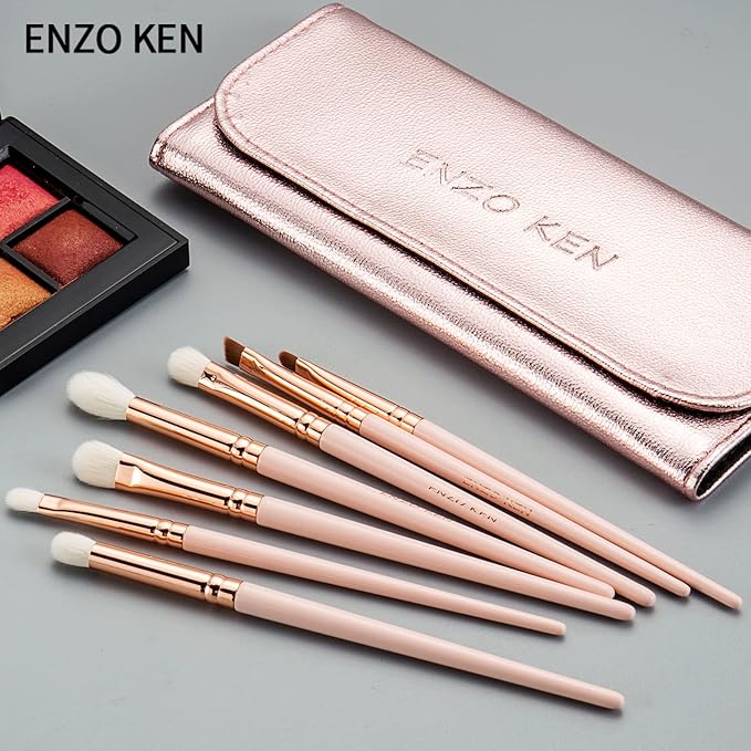 Natural Goat Hair Eye Shadow Brush Set, ENZO KEN Fluffy Blending Eyeshadow Brush Set with Case, Small Nose Contour Brush, Natural Hair Eyeshadow Brushes, Eye Brush, Eyeshadow Blending Brush. Pink,E400