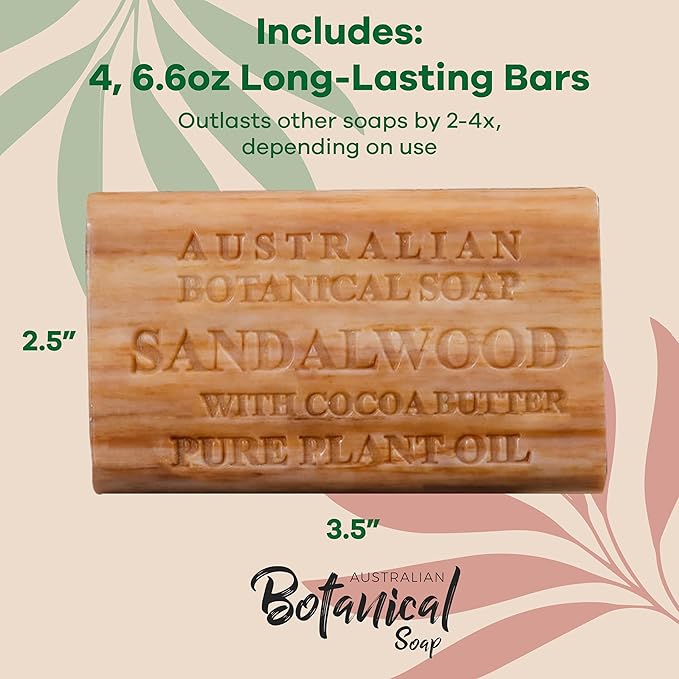 Australian Botanical Soap Sandalwood with Cocoa Butter 6.6 oz Luxury Soap Bars Enriched with Shea Butter, Suitable for Men, Women and All Skin Types, Pack of 4