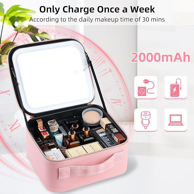 Travel Makeup Bag with LED Mirror – Waterproof Cosmetic Train Case with Adjustable Dividers, Portable Makeup Organizer and Toiletry Bag for Women, Teens & Girls Gift, Pink