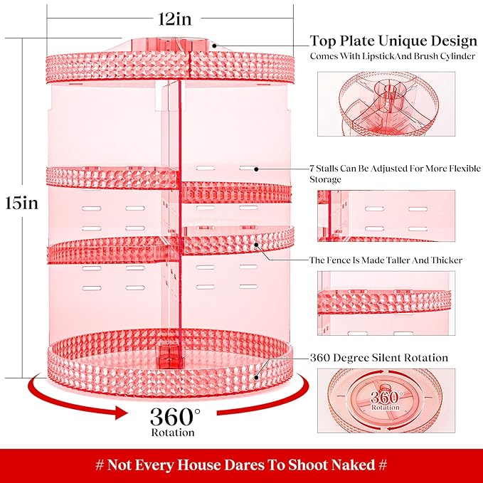 Pink 360 Makeup Organizer Carousel, Makeup Organizer for Vanity, Acrylic Make Up Organizer, Large 7 Layers 360 Makeup Organizer, Fits Makeup Brushes, Lipsticks, Bathroom, Vanity, Plus Size Pink