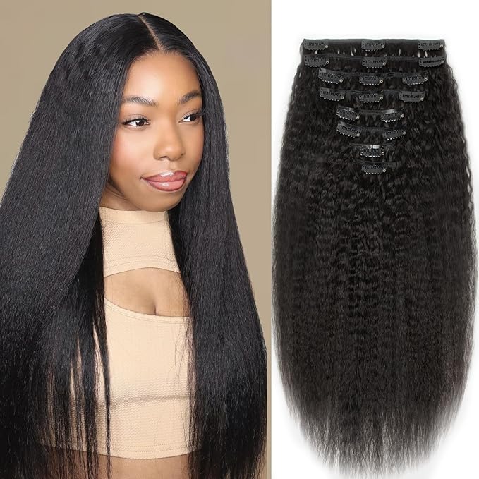 Kinky Straight Human Hair Clip in Extensions 16 Inch Yaki Straight Clip ins for Women Full Head Brazilian Remy Human Hair Extensions Double Weft 8pcs 100g Per Set with 18 Clips Natural Black