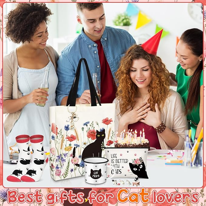 Animal Lover Gifts for Women Mother's Day Animal Themed Gifts for Mom Include Canvas Tote Bag, Makeup Bag, Socks, Keychain, Enamel Mug, Small Figurines(Lovely Cat)