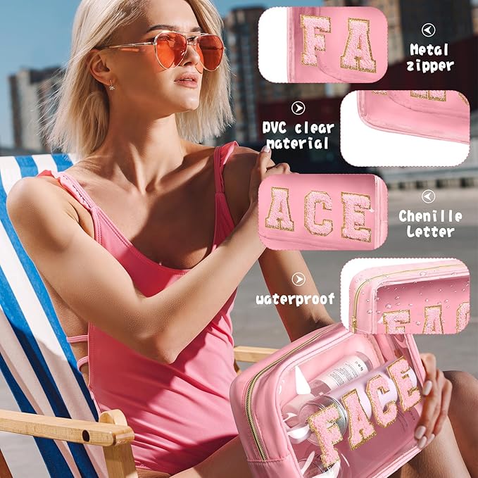 Pinkunn 4 Pcs Preppy Makeup Bags Christmas Chenille Letter Bag Face Skin Hair Stuff Cosmetic Bag Corduroy Makeup Pouch with Zipper Birthday Gifts for Women(Gentle Color)