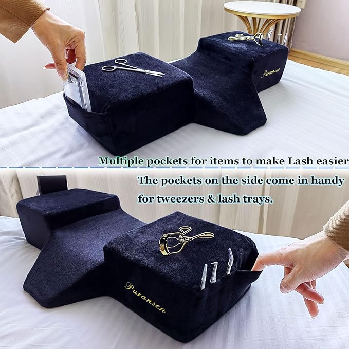 Puransen Lash Bed Pillow with Neck & Back Support - Curved Memory Foam Beauty Pillow for Eyelash Extensions & Salon Services, Two Pockets for Tools on The Sides of Removable Velvet Pillowcase (Black)