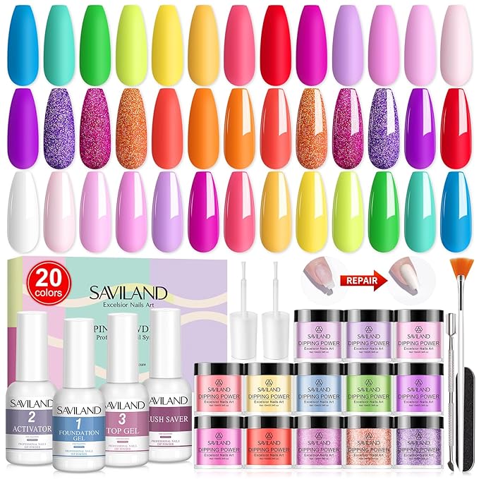 SAVILAND Dip Powder Nail Kit Starter: 29 PCS Set for All Seasons With 15 ml Liquid, Base Top Coat Activator for French Nail Art Manicure DIY Salon - Ideal Gift Set