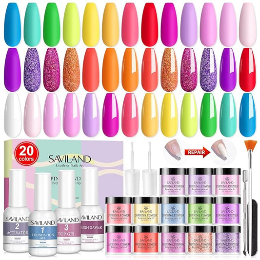 SAVILAND Dip Powder Nail Kit Starter: 29 PCS Set for All Seasons With 15 ml Liquid, Base Top Coat Activator for French Nail Art Manicure DIY Salon - Ideal Gift Set